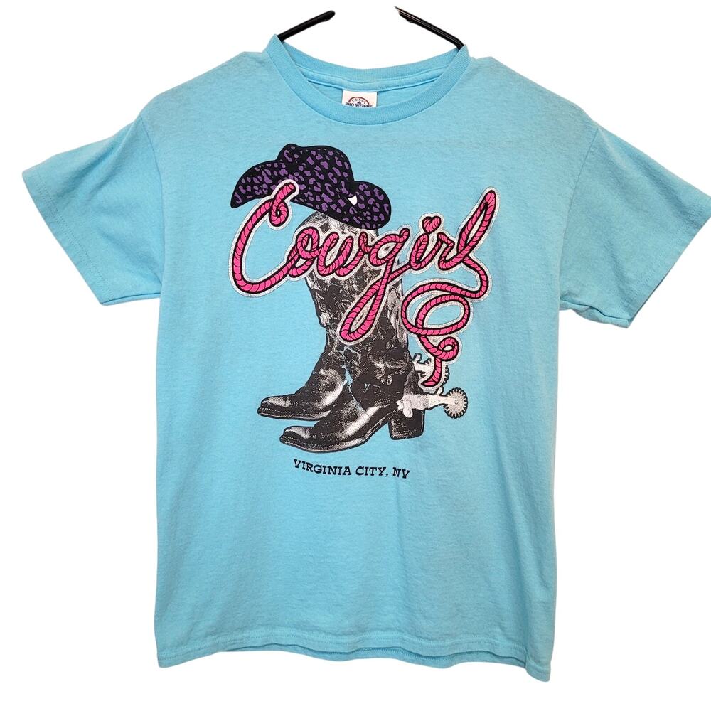 Cowgirl Virginia City NV Graphic Tee Blue Western Rodeo Sparkle Youth Large